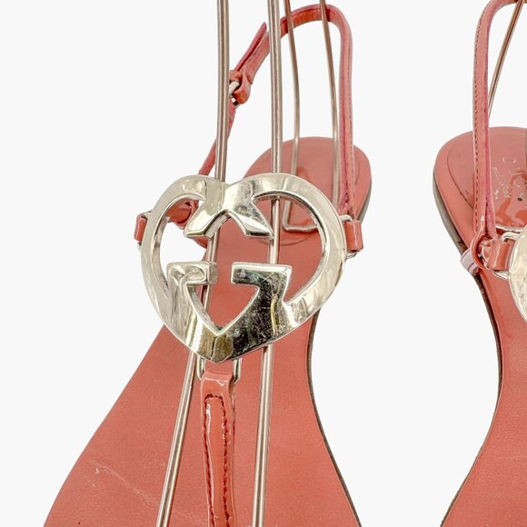Gucci Interlocking GG Heart T-Strap Flat Sandals EU 37 US 7 Coral Pink Leather - Picture 4 of 12
